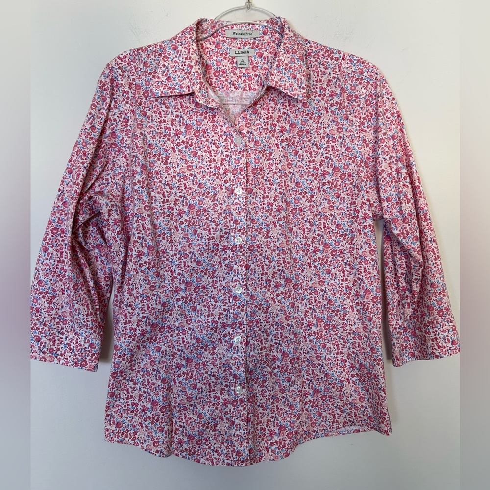 L.L. Bean Button Shirt Pink Small Floral Wrinkle Free 3/4 Sleeve Cotton Blouse